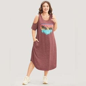 Coconut Tree Print Cold Shoulder Pocket Arc Hem Dress